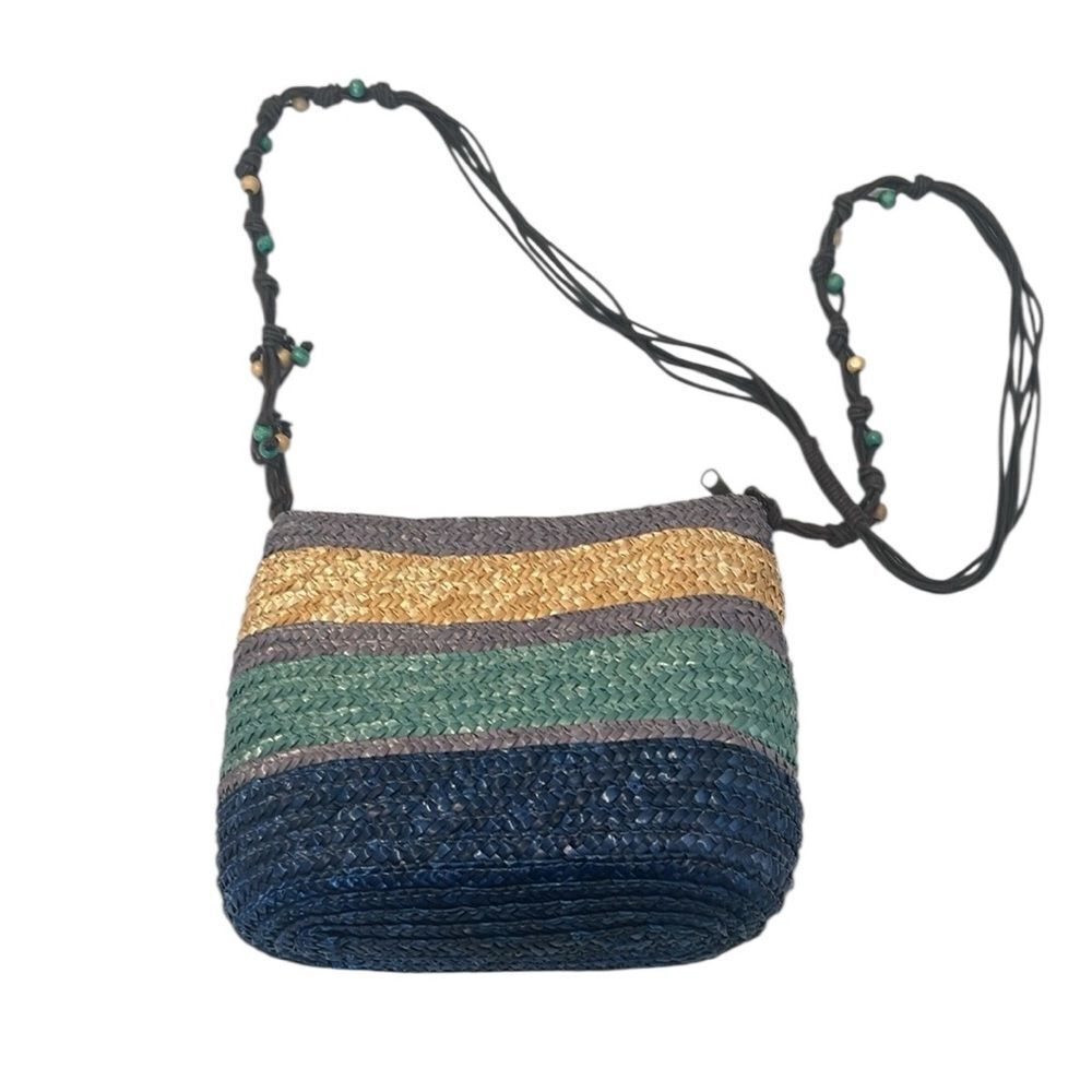 Nouveau Multicolor Woven Straw zip top CrossbodyโBag extra long strap GUC
